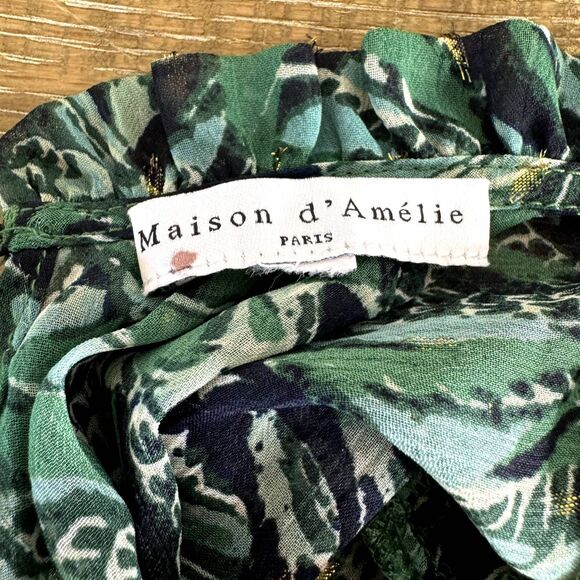 Maison d' Amelie Anthropologie sheer green tropical print blouse size XS - Picture 3 of 8